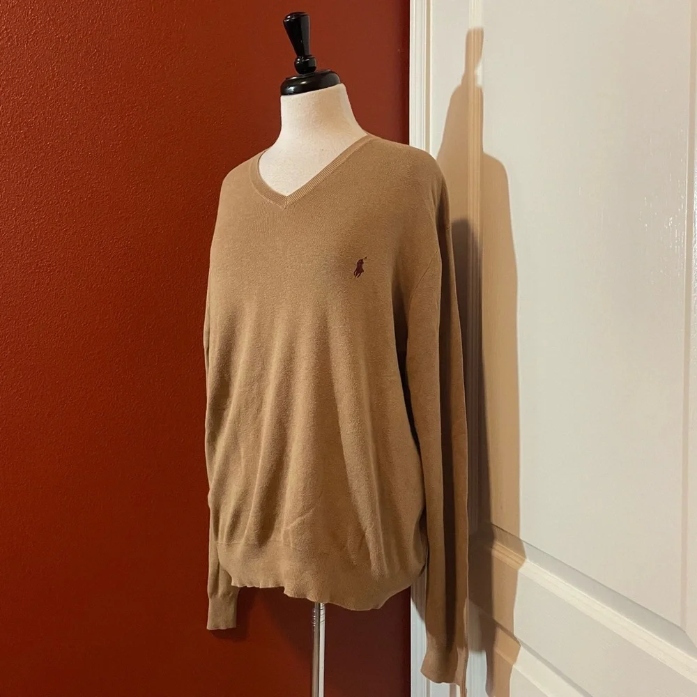 Polo‎ Ralph Lauren Men’s Vintage Pima Cotton V Neck Preppy Brown Slouchy Sweater
